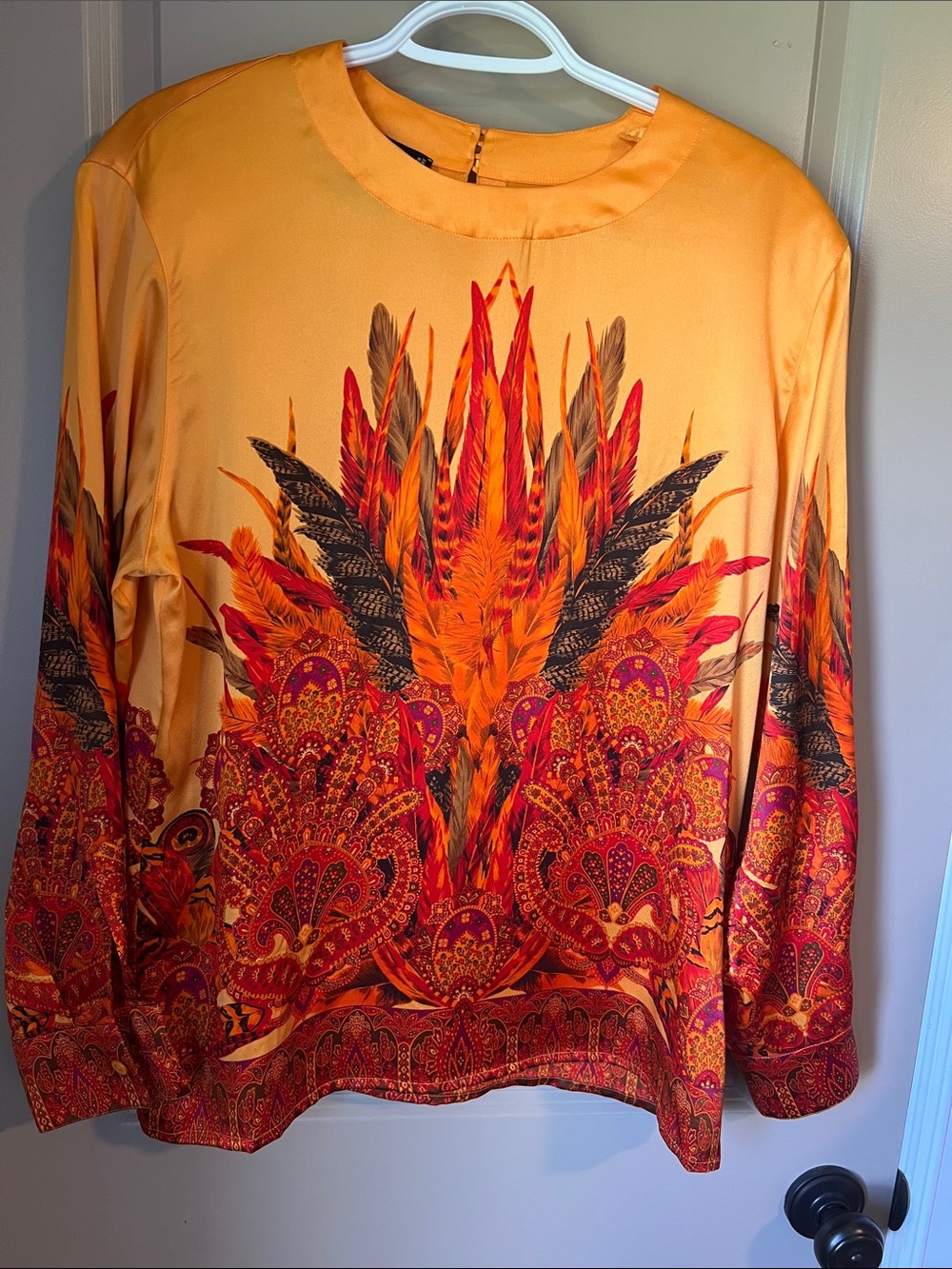VINTAGE Escada Silk Long Sleeve Blouse Orange Red Feather Paisley Print Size Med